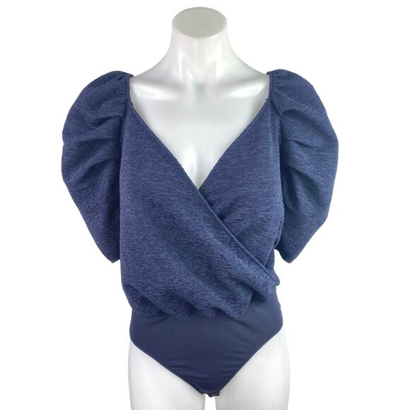 Express Women's Blue Short Puff Sleeve V-Neck Wrap Bodysuit Blouse Top Size M - Picture 1 of 4